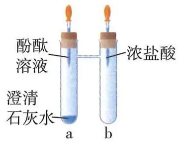 a含石灰水与酚酞、b加入浓盐酸的连通装置