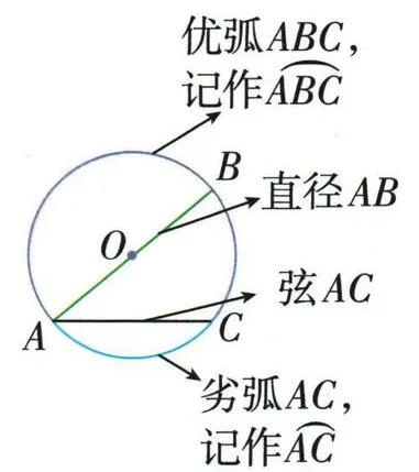 同一圆中的直径AB、弦AC以及优弧ABC与劣弧AC