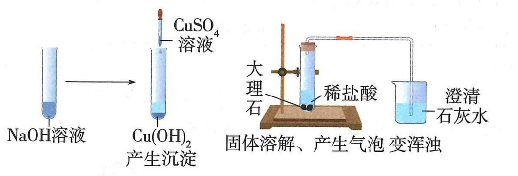 硫酸铜与氢氧化钠溶液反应生成沉淀，大理石与稀盐酸反应产生气体