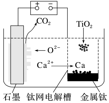 石墨和钛网电极及熔盐内TiO2与钙的示意