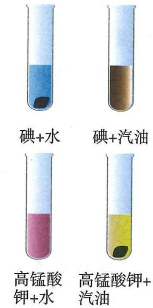 碘和高锰酸钾分别加入水与汽油的四试管对照