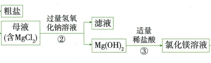 从海水母液到氢氧化镁氯化镁和镁的流程第2段，按原图从左到右