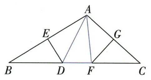 三角形ABC中，B、D、F、C顺次共线，DE与FG分别垂直平分AB与AC