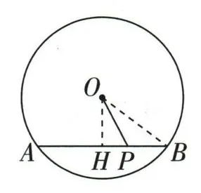 从圆心O向弦AB作垂线OH，并连接半径OB