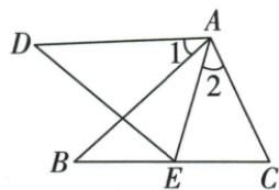 三角形ABC和ADE,E在BC上,A处标出角1和角2