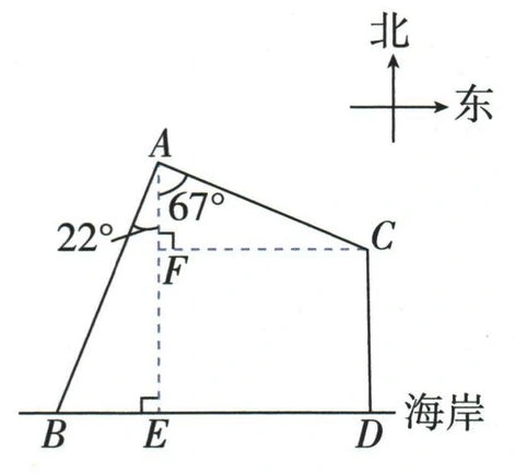 从A作海岸线垂线AE，从C作CF垂直AE的辅助图