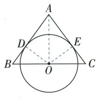 从圆心O向AC作垂线OE，连接OD及角平分线AO