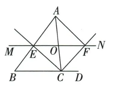 三角形ABC中，过AC上的O作BC的平行线，与内外角平分线相交