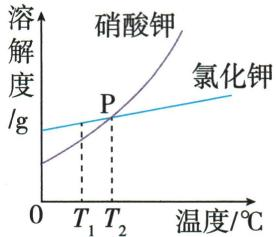 硝酸钾、氯化钾的溶解度曲线，标有P点和T1、T2温度